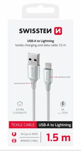 SWISSTEN DATOVÝ KABEL TEXTILE II USB / LIGHTNING 1,5 M BÍLÝ
