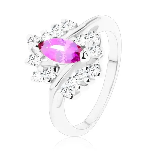 Prsten ve stříbrném odstínu s ametystově fialovým zrnem, čiré zirkony - Velikost: 51