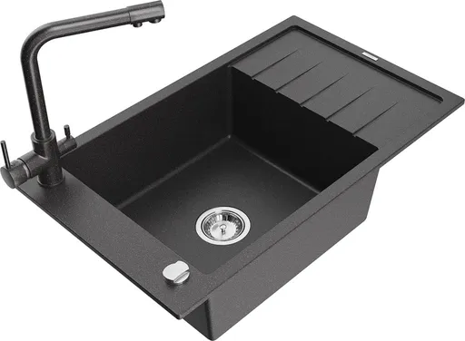 MEXEN/S Elias granitový dřez 1-miska včetně baterie Duero, černá kropenatá 6511-76-671600-76