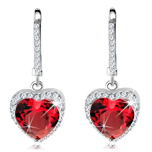 Stříbrné náušnice 925 - červené zirkonové srdíčko se třpytivým lemem