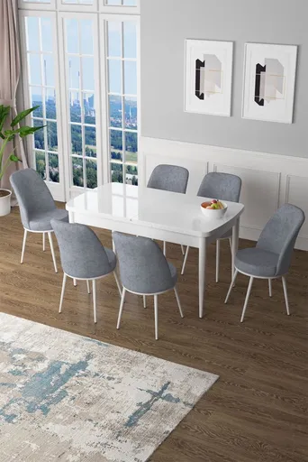 Extendable Dining Table & Chairs Set (7 Pieces) Zen - White, Grey