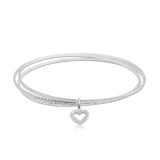 Navlékací náramek ze stříbra 925 - tři kruhy, kontura srdce s blýskavými zirkony