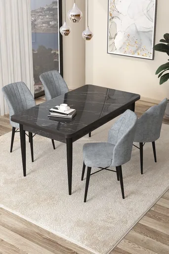 Dining Table & Chairs Set (5 Pieces) Arp - Black Marble, Grey