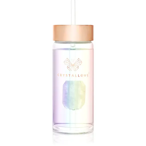 Crystallove Clear Quartz Straw Water Bottle skleněná láhev na vodu s brčkem Hologram 400 ml