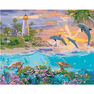 Zuty - Malování podle čísel - DELFÍNI, ŽELVY, MAJÁK A ZÁPAD SLUNCE (ABRAHAM HUNTER), 80x100 cm, vypn (HRAmmb06311nad)