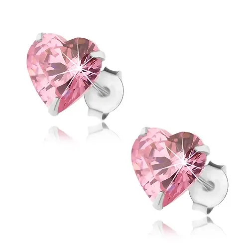 Stříbrné 925 náušnice, srdíčkovitý zirkon růžové barvy, puzetky