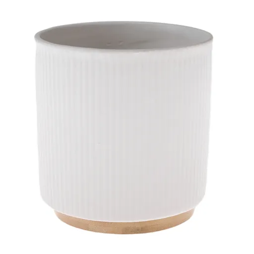 Keramický květináč s bambusovým podstavcem bílá, 15 x 12 cm