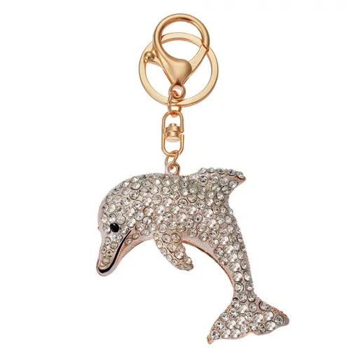 Zlatý kovový přívěšek na klíče s kamínky delfín - 6*2*7 cm Clayre & Eef