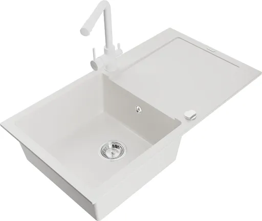 MEXEN/S Leo granitový dřez s odkapávačem včetně baterie Duero, bílá 6501-20-671600-20