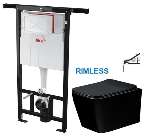 Předstěnový instalační systém bez tlačítka + WC MEXEN TEO ČERNÁ Rimless + SEDÁTKO AM102/1120 X ME02