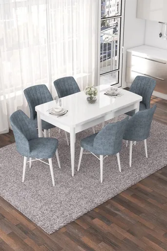 Extendable Dining Table & Chairs Set (7 Pieces) Nef - White, Grey