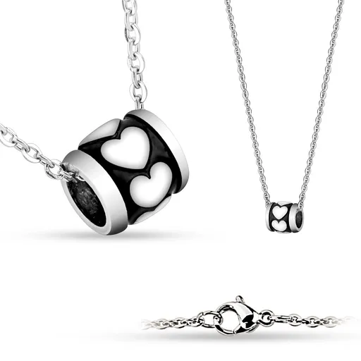 Náhrdelník z nerezové oceli - váleček s černým středem a srdíčky