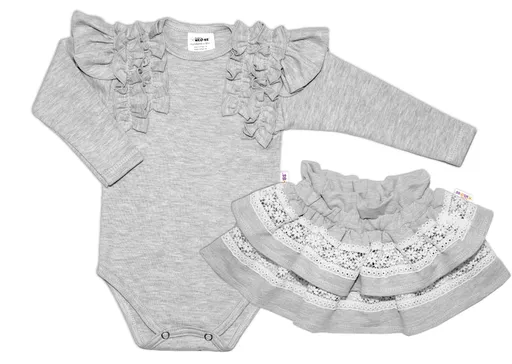 Baby Nellys 2 dílná sada, body dl.rukáv + suknička s krajkou a volánky vel.  74, šedá