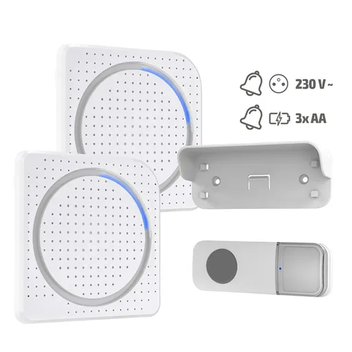 Solight 2x bezdrátový zvonek, do zásuvky + bateriový, 200m, bílý, learning code 1L67AD