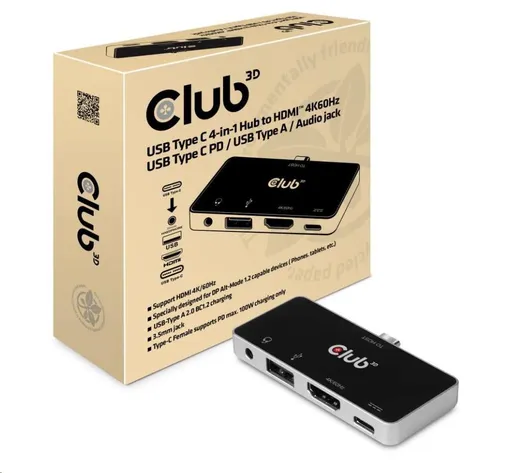 Club3D Dokovací stanice pro mobilní telefony USB-C 4v1, 1xHDMI, 1xUSB-C, 1xUSB, 1x3.5mm, černá