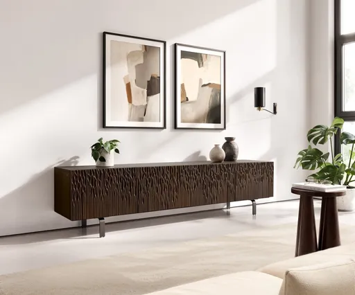 TV stolek Follia 200 cm mango hnědá 4 dvířka podnož ve tvaru