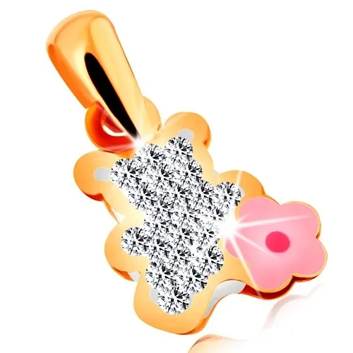 Zlatý přívěsek 585 - čirý zirkonový medvídek s růžovým glazovaným kvítkem