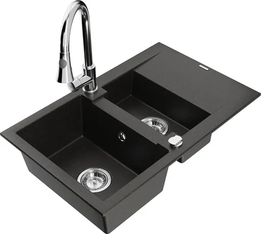 MEXEN/S Gaspar granitový dřez 1.5 s odkapávačem včetně baterie Elia, černá/zlatá metalik 6507-75-670101-00