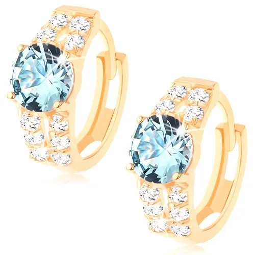 Zlaté náušnice 585 - světle modrý kulatý zirkon, svislé třpytivé linie