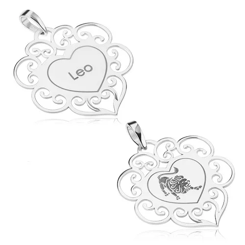 Stříbrný 925 přívěsek, ploché srdíčko s ornamenty, znamení LEV
