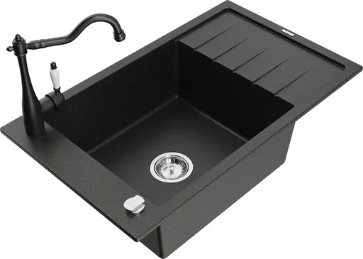 MEXEN/S Elias granitový dřez 1-miska včetně baterie Carla, černá/zlatá metalik 6511-75-670700-70
