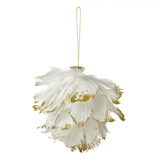 Bílá závěsná peříčková šiška se zlatým třpytem - 12*12*12 cm Clayre & Eef