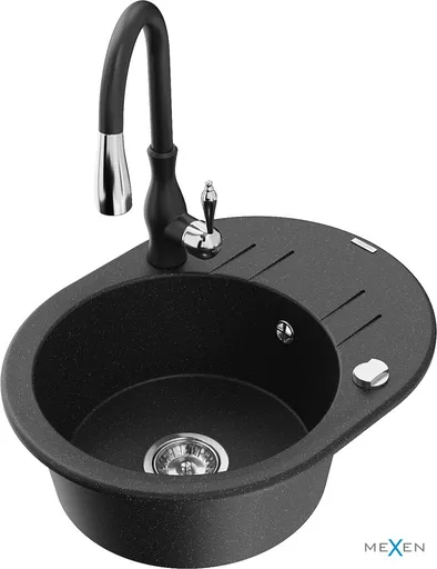MEXEN/S Kevin granitový dřez 1 s odkapávačem včetně baterie Savita, černá/stříbrná metalik 6517-73-672601-70