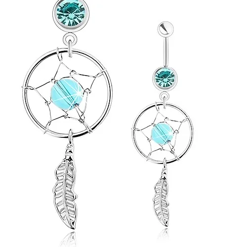 Piercing do pupíku, chirurgická ocel, lapač snů, světle modrý korálek, pírko