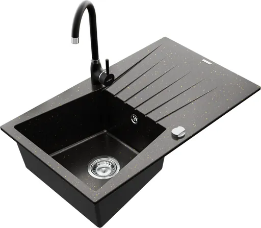 MEXEN/S Cesar granitový dřez 1 s odkapávačem včetně baterie Telma, černá/zlatý 6514-75-670200-70
