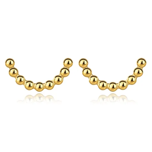 Zlaté 14K náušnice ze žlutého zlata - lesklé půlkruhy s kuličkami, puzetky