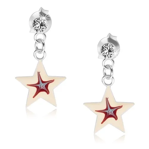 Náušnice ze stříbra 925, světle žlutá hvězdička s červenomodrým středem