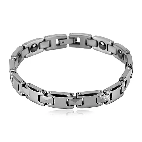 Magnetický náramek z wolframu stříbrné barvy - lesklé obdélníkové a H-články