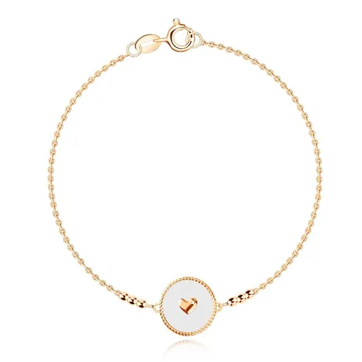 Stříbrný náramek 925 - růžově zlatá barva, kruh se srdcem a bílou glazurou
