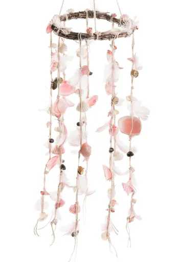 Závěsný věnec s růžovými peříčky a mušlemi Boho - Ø 15*75 cm J-Line by Jolipa