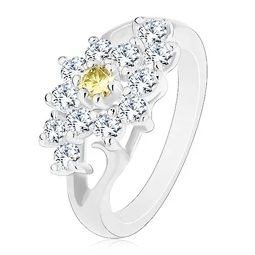 Prsten s lesklými rozdělenými rameny, čirý kvítek se žlutým středem - Velikost: 49