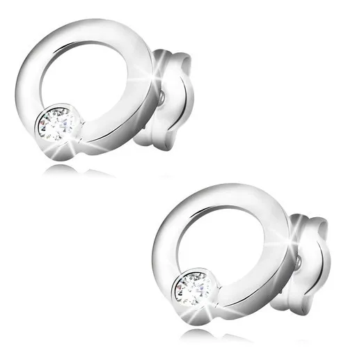 Náušnice v bílém zlatě 585 - lesklé kroužky, blýskavý kulatý zirkon, puzetky