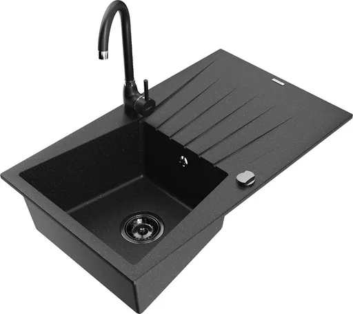 MEXEN/S Cesar granitový dřez s odkapávačem včetně baterie Telma, černá/stříbrná 6514-73-670200-70-B