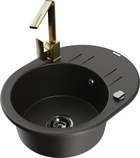MEXEN/S Kevin granitový dřez s odkapávačem včetně baterie Rita, černá/zlatá metalik 6517-75-670300-50-B