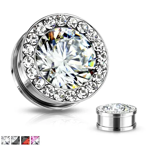 Tunel do ucha se zirkony - Tloušťka : 10 mm, Barva zirkonu: Růžová - Čirá