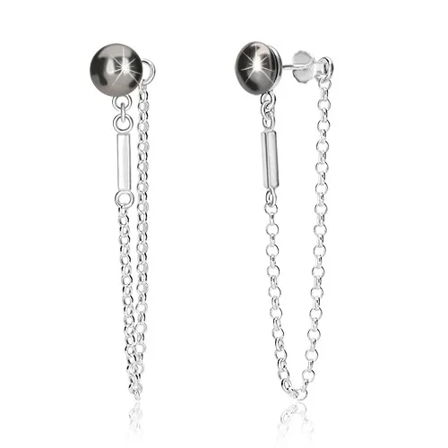 Stříbrné řetízkové náušnice 925 - polokoule hematitové barvy, řetízek, lesklý proužek