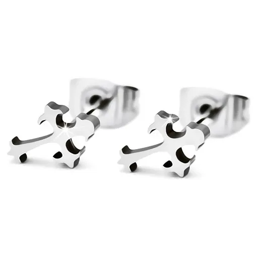 Ocelové náušnice stříbrné barvy, lesklý jetelový kříž, puzetky