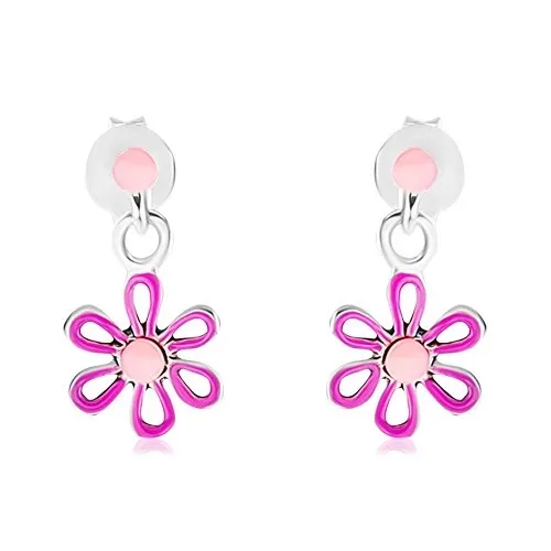 Náušnice ze stříbra 925, fialovo-růžový kvítek s glazurou, puzetky