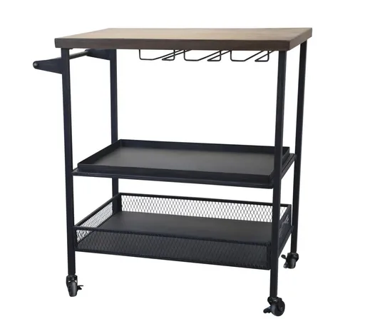 Černý antik kovový vozík na kolečkách s dřevěnou deskou Servier - 73*44*83cm Chic Antique