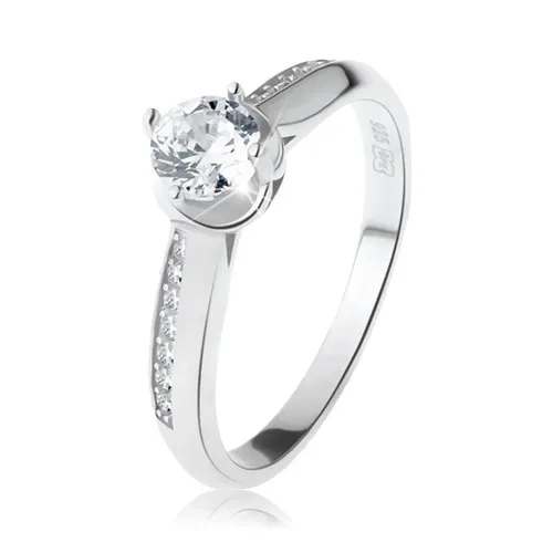 Zásnubní prsten, stříbro 925, oblá zdobená ramena, čirý kulatý zirkon - Velikost: 49