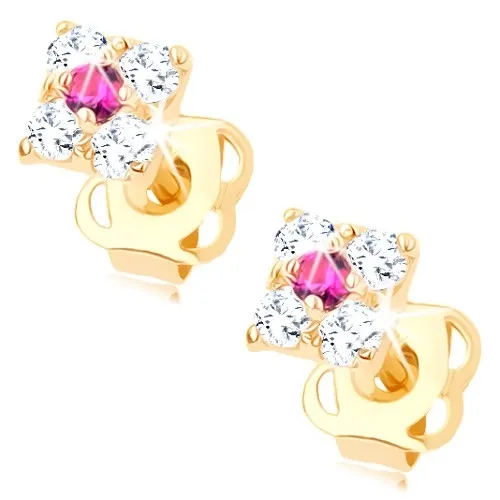 Zlaté náušnice 14K se čtvercovým designem a růžovým zirkonem