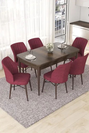 Extendable Dining Table & Chairs Set (7 Pieces) Nef - Baroque, Burgundy