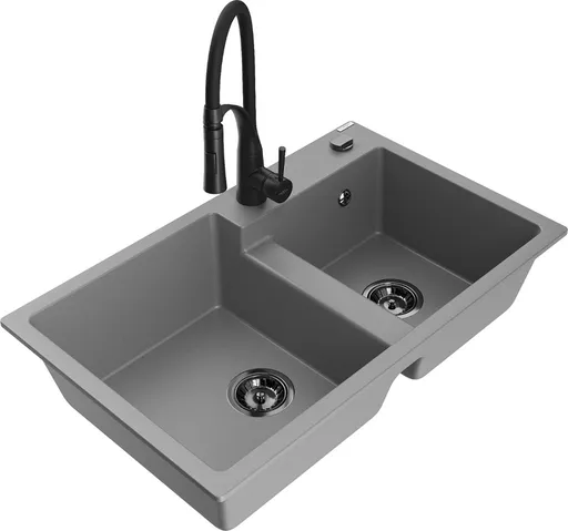 MEXEN/S Tomas granitový dřez 2-bowl včetně baterie Aster, šedá 6516-71-73450-70-B