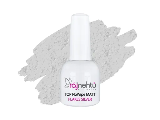 Ráj nehtů UV gel lak TOP NoWipe Matt Flakes Silver 15ml