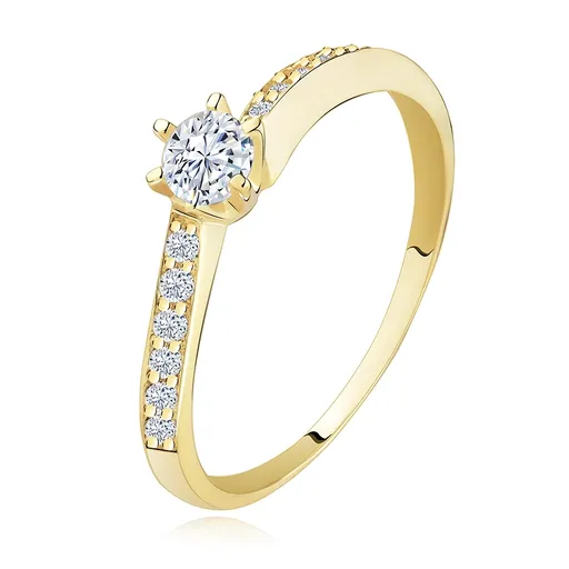 Zlatý prsten 585 - zvlněná zirkonová ramena, vystupující čirý zirkon - Velikost: 52