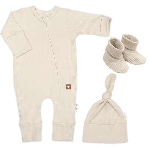 Baby Nellys Rostoucí žebrovaný overálek, čepička a botičky,  sv. béžová, vel. 86/92